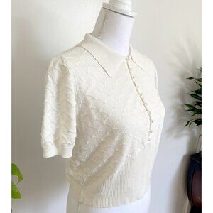 🤍 ✨ Chic Textured Scallop Knit Polo Tee - White with Pearl Details ✨ 🤍